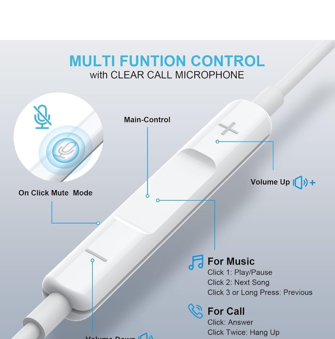 USB-C Wired Earphones for iPhone 17/16/15 Pro Max, iPad Pro, Samsung Galaxy S23/S22/S21/S20 Ultra, Note 10/20, Pixel – Single Ear with Noise Cancellation (USB Type-C)