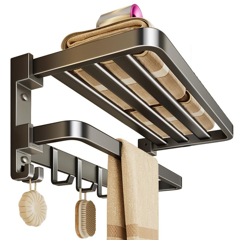 SLEEPHEAD® Gray Wall-Mounted Towel Holder No Drilling or Screws, 24 Inch, Double Towel Bar with Hotel-Style Towel Shelf