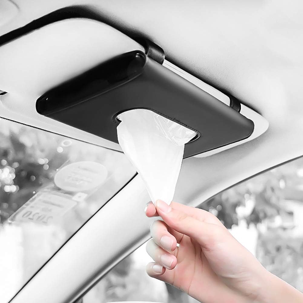 Carstous Leather Car Tissue Holder & Visor Organizer – Cartbox02B, Black, Fits Headrest, Seat & Door Pocket