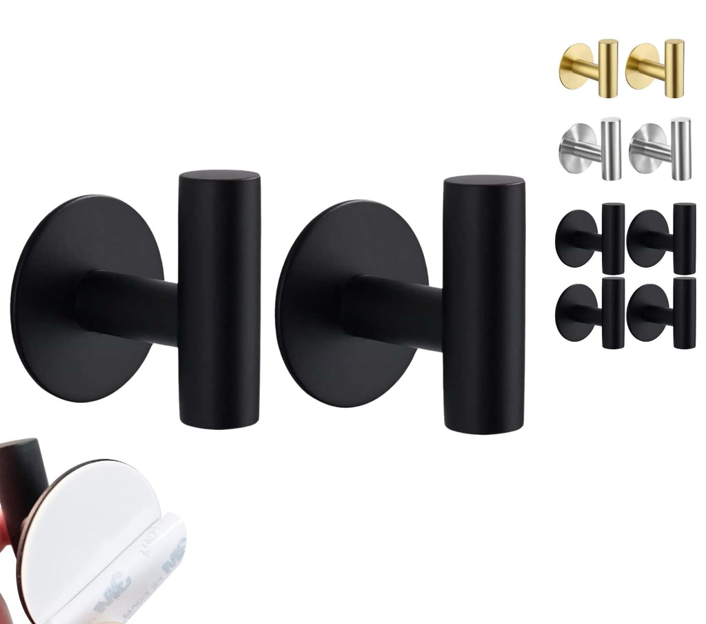 Zence Design Black Adhesive Wall Hooks - No-Drill Self-Adhesive Hangers for Towels, Clothes, Coats & Keys | Bathroom & Kitchen Organizer (2-Pack)