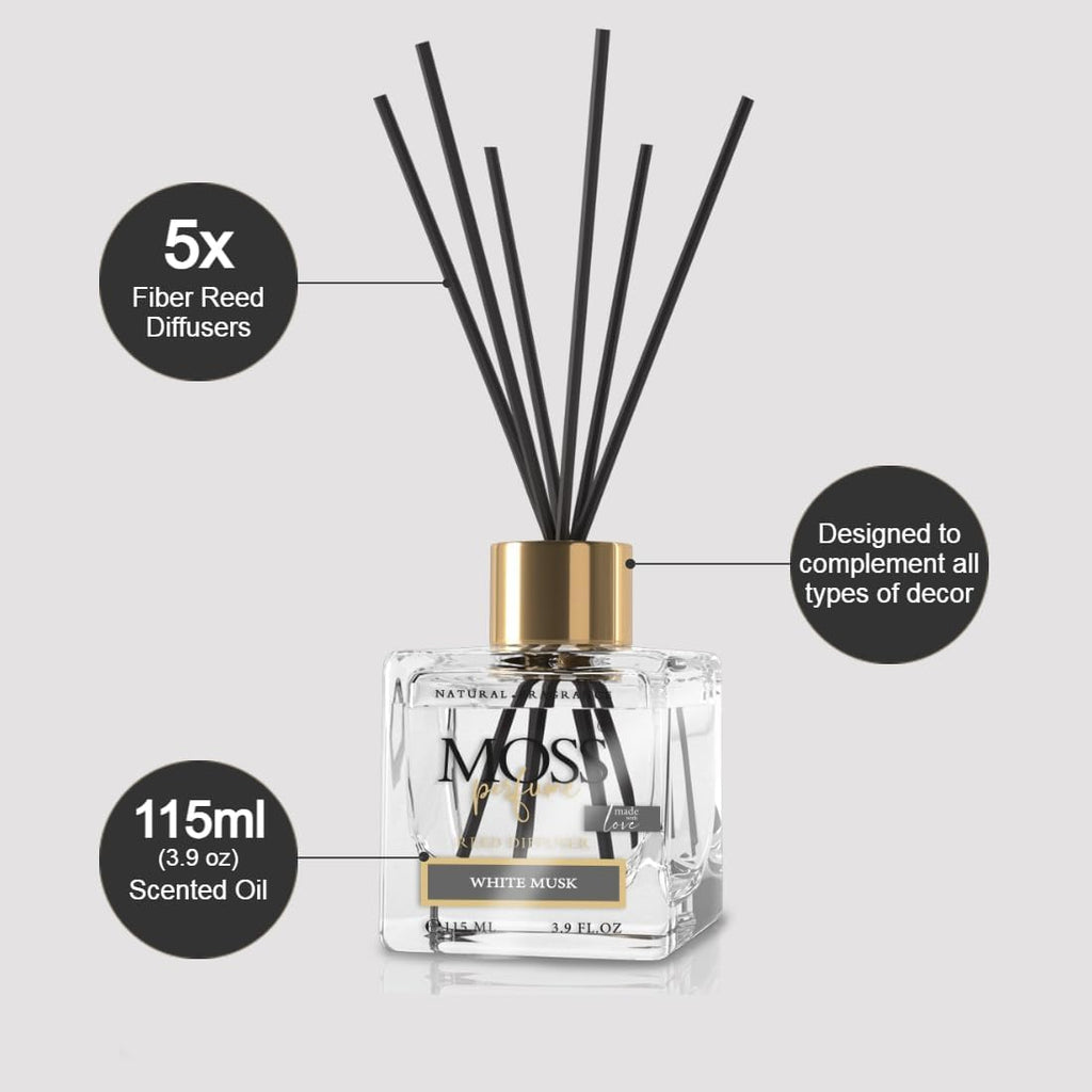 MOSS Luxury Reed Diffuser | 115ml (3.3 oz) | Long-Lasting Fragrance | Reed Diffuser Set | For Home, Office & Bathroom (White Musk)
