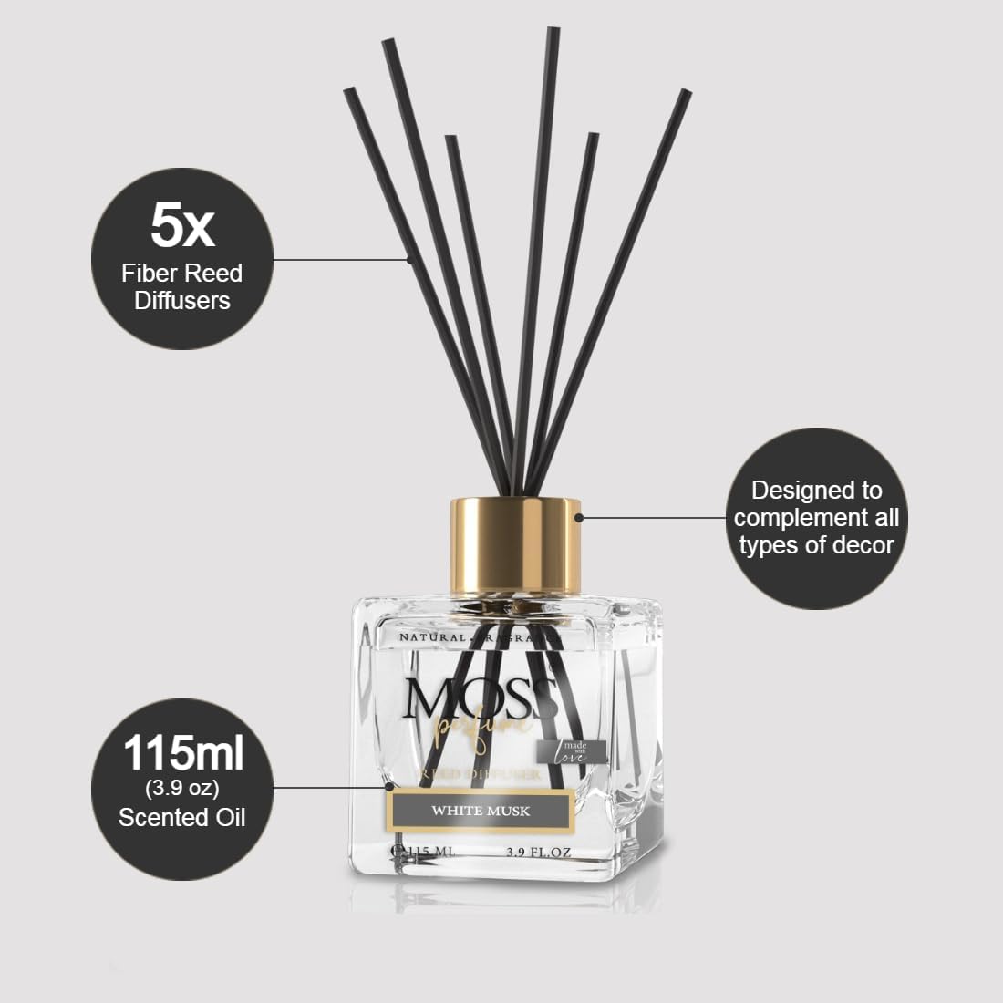 MOSS Luxury Reed Diffuser | 115ml (3.3 oz) | Long-Lasting Fragrance | Reed Diffuser Set | For Home, Office & Bathroom (White Musk)