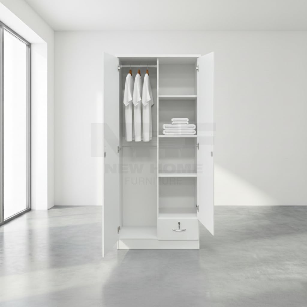 NHF-621 2-Door Wardrobe H185 x W80 x D45 cm, Lockable Cabinet with Hanging Rod, 4 Shelves & Bottom Drawer, Bedroom Storage Cupboard