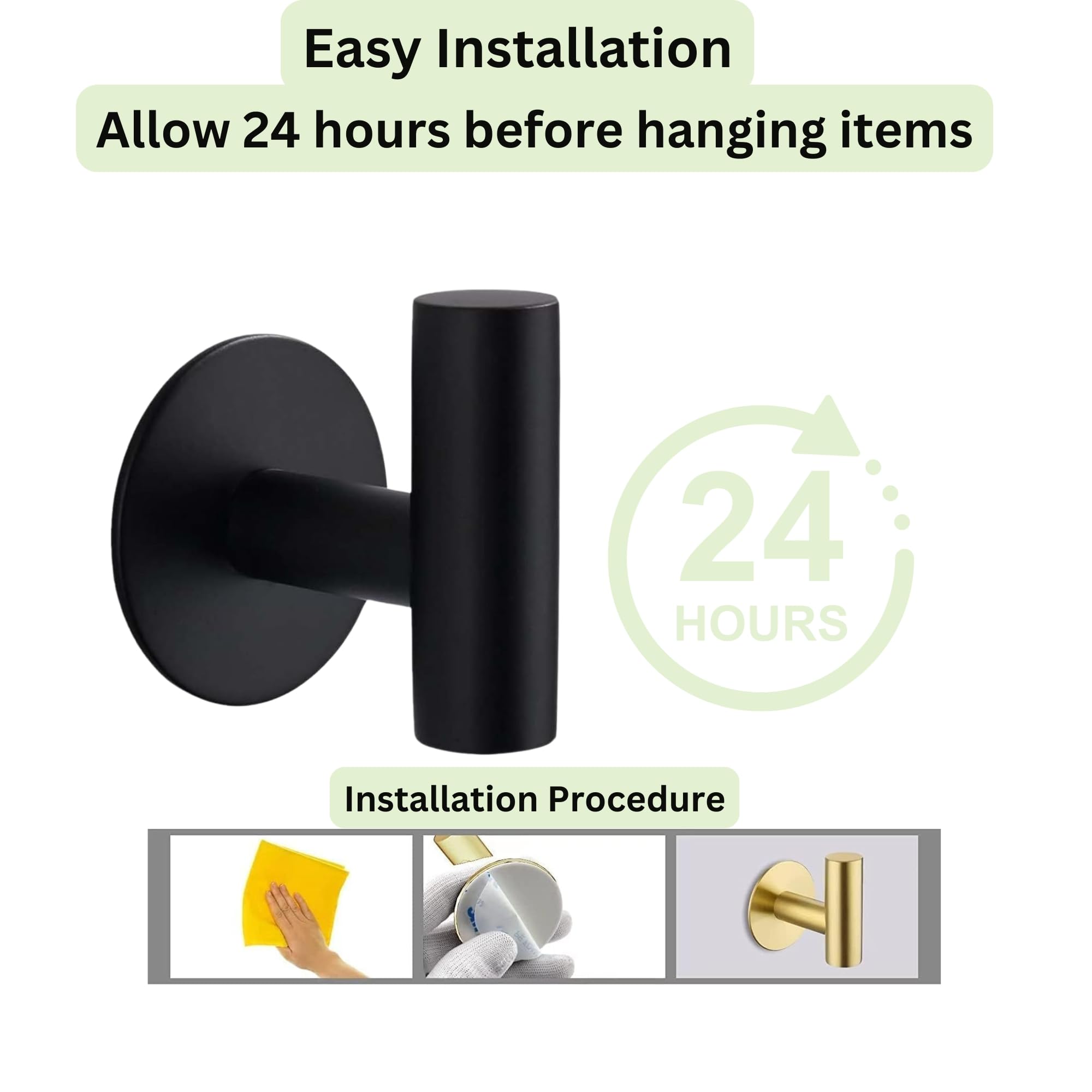 Zence Design Black Adhesive Wall Hooks - No-Drill Self-Adhesive Hangers for Towels, Clothes, Coats & Keys | Bathroom & Kitchen Organizer (2-Pack)