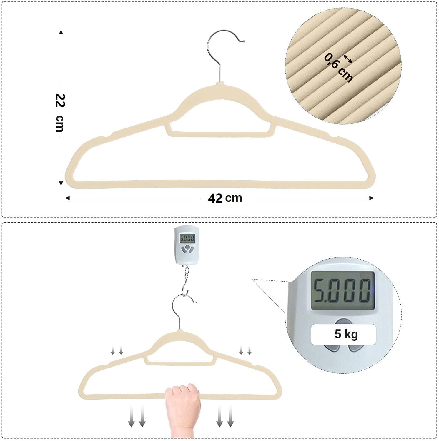 Red Dot® Gift 10-Pack Non-Slip Velvet Hangers – Beige, 42cm, 360° Swivel Hook, Slim & Durable for Coats & Trousers
