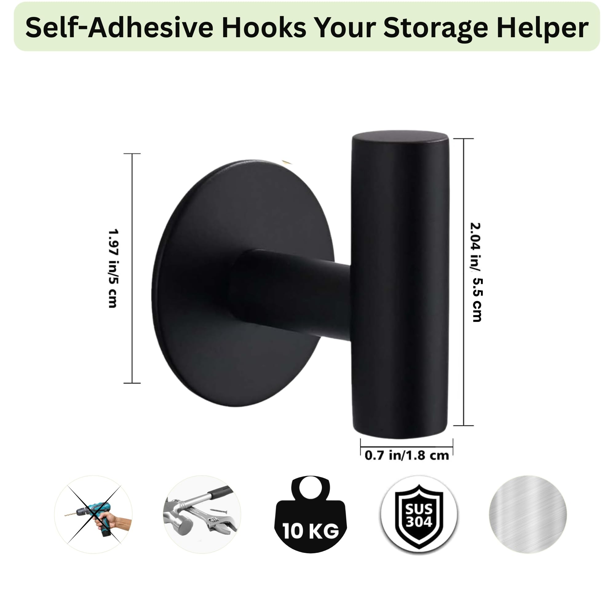 Zence Design Black Adhesive Wall Hooks - No-Drill Self-Adhesive Hangers for Towels, Clothes, Coats & Keys | Bathroom & Kitchen Organizer (2-Pack)
