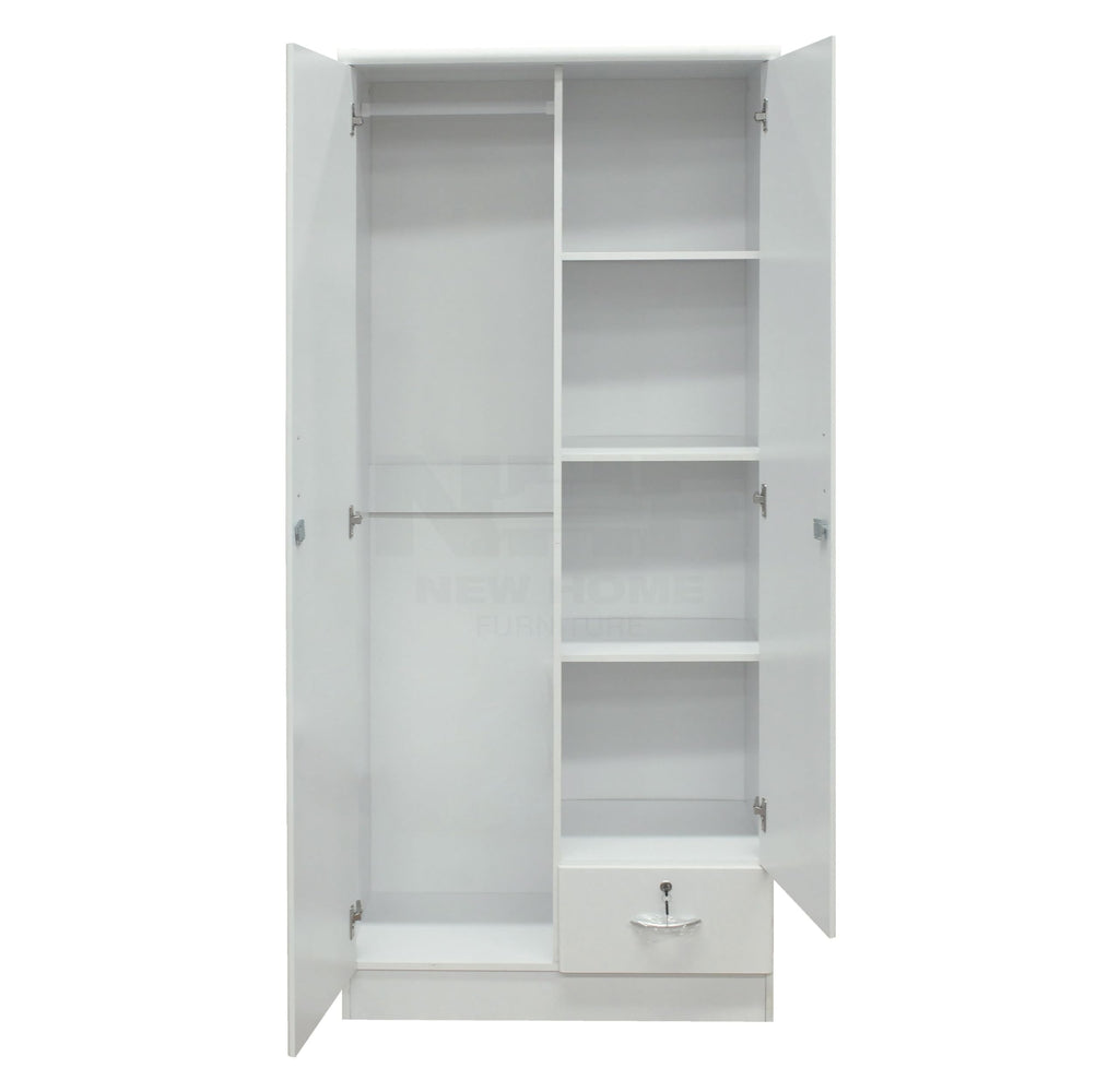 NHF-621 2-Door Wardrobe H185 x W80 x D45 cm, Lockable Cabinet with Hanging Rod, 4 Shelves & Bottom Drawer, Bedroom Storage Cupboard