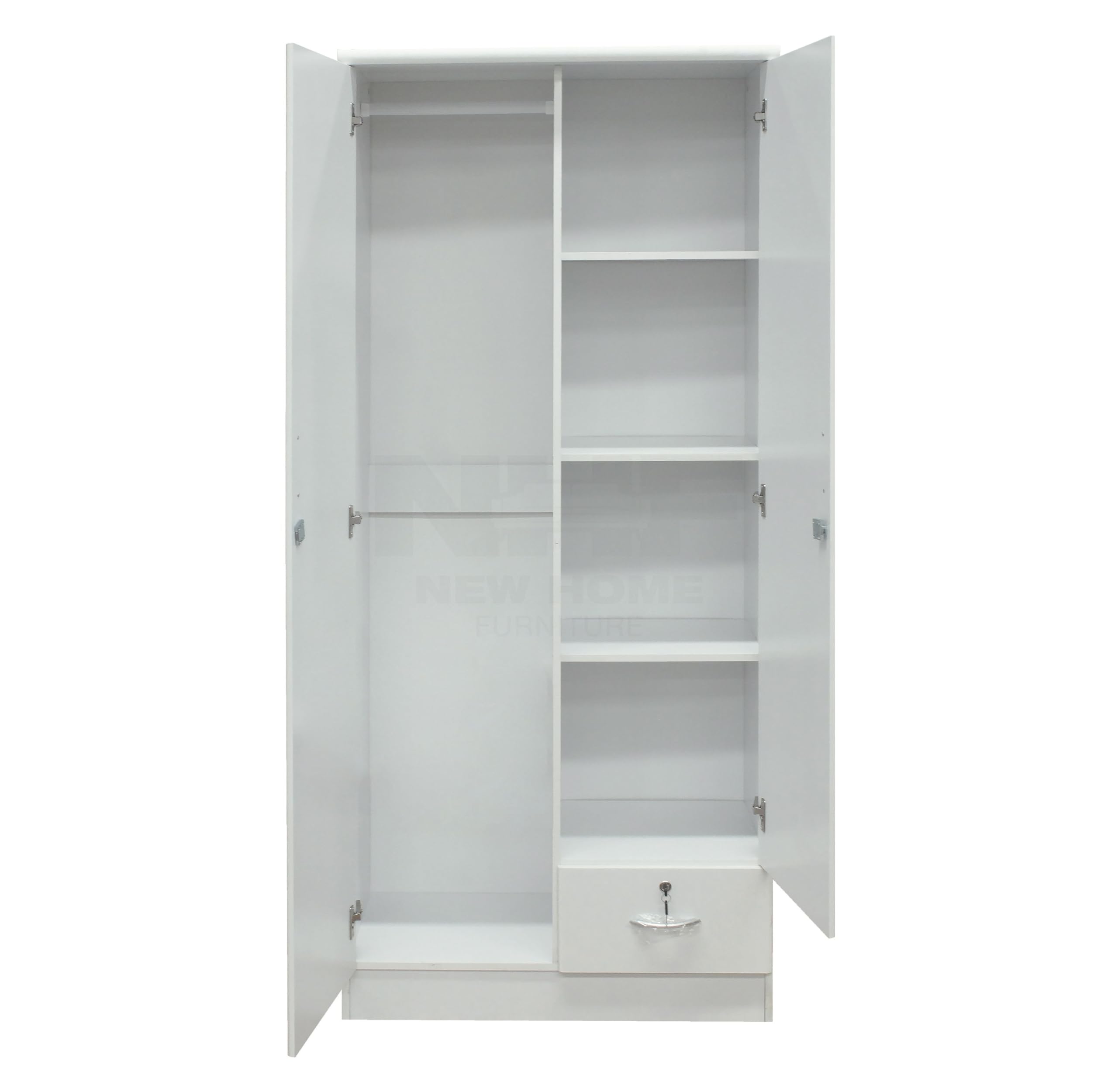 NHF-621 2-Door Wardrobe H185 x W80 x D45 cm, Lockable Cabinet with Hanging Rod, 4 Shelves & Bottom Drawer, Bedroom Storage Cupboard