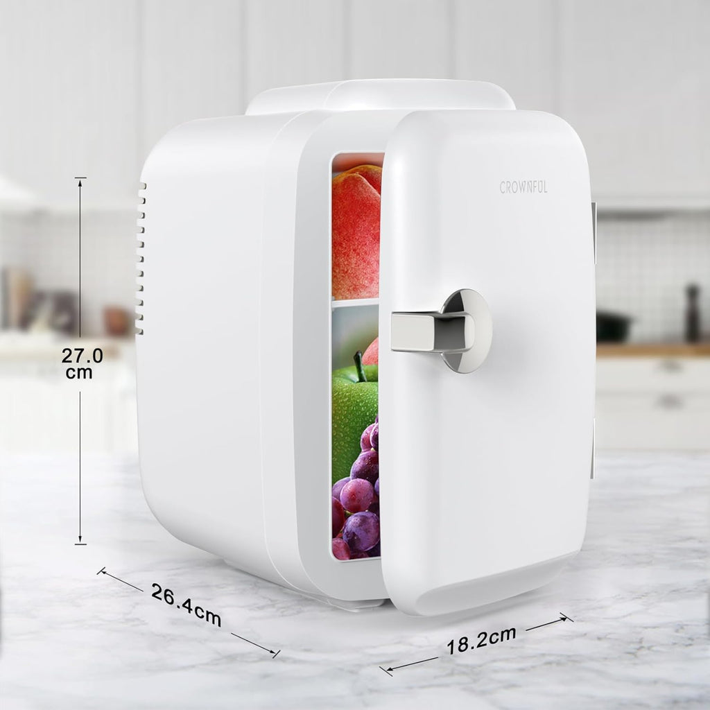 Crownful 4L Mini Fridge - 6-Can Portable Cooler & Warmer | Personal Skincare, Cosmetics & Food Refrigerator for Bedroom, Office, Car & Dorm | ETL Listed (White)