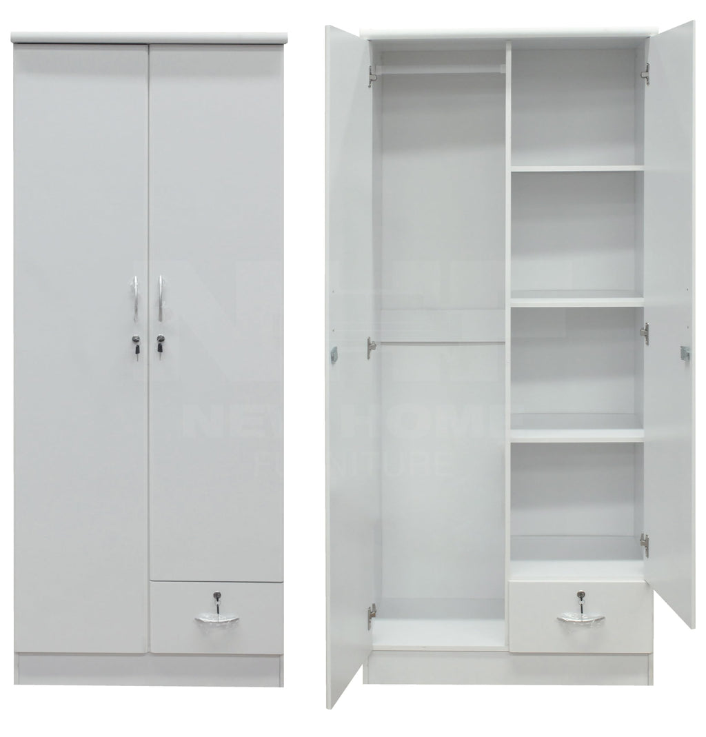 NHF-621 2-Door Wardrobe H185 x W80 x D45 cm, Lockable Cabinet with Hanging Rod, 4 Shelves & Bottom Drawer, Bedroom Storage Cupboard