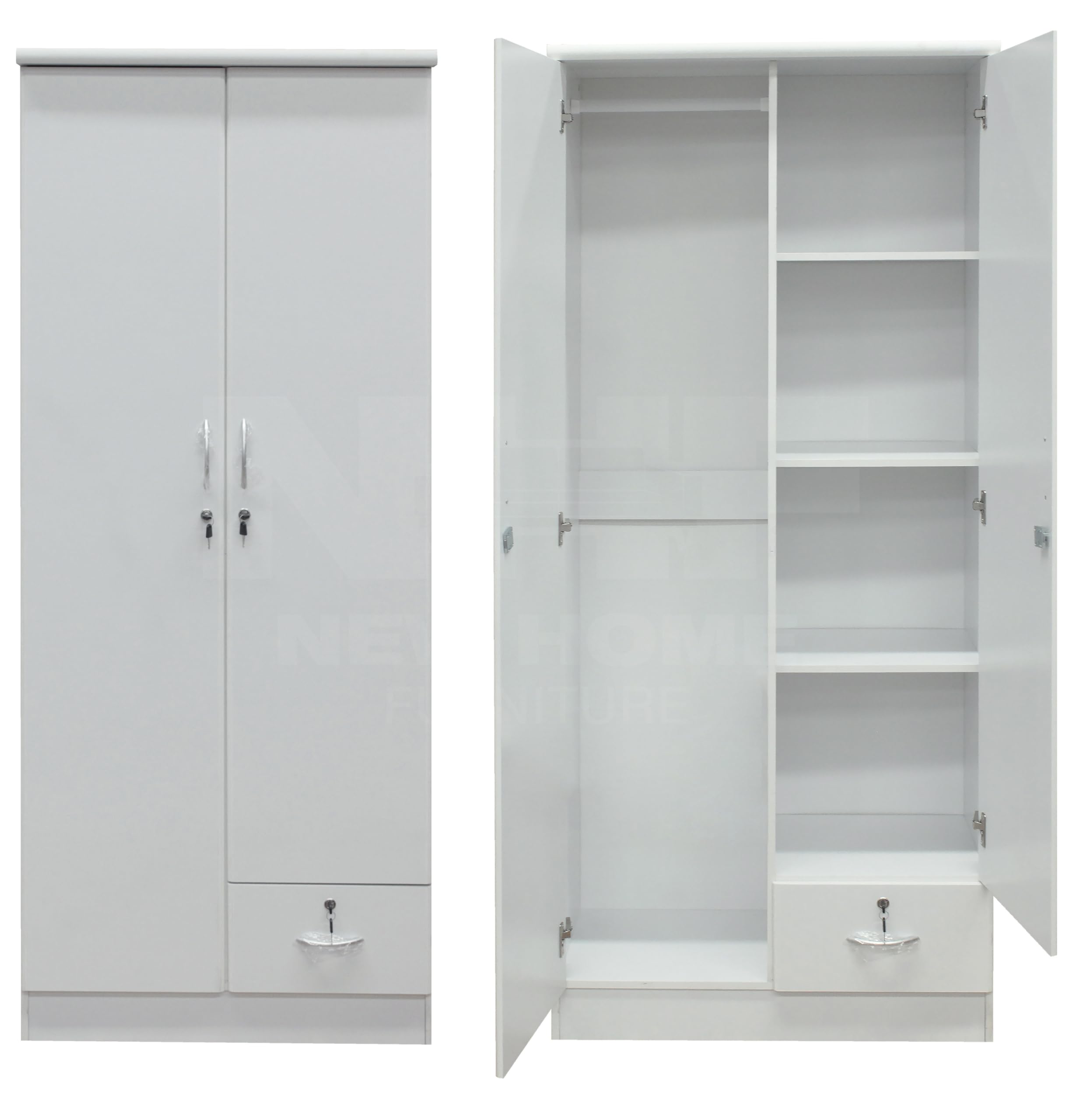 NHF-621 2-Door Wardrobe H185 x W80 x D45 cm, Lockable Cabinet with Hanging Rod, 4 Shelves & Bottom Drawer, Bedroom Storage Cupboard
