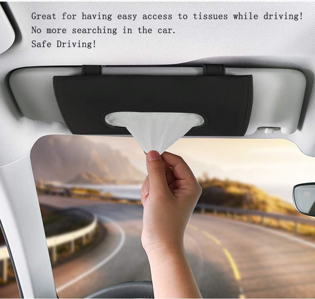 Carstous Leather Car Tissue Holder & Visor Organizer – Cartbox02B, Black, Fits Headrest, Seat & Door Pocket