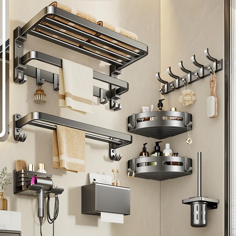 SLEEPHEAD® Gray Wall-Mounted Towel Holder No Drilling or Screws, 24 Inch, Double Towel Bar with Hotel-Style Towel Shelf