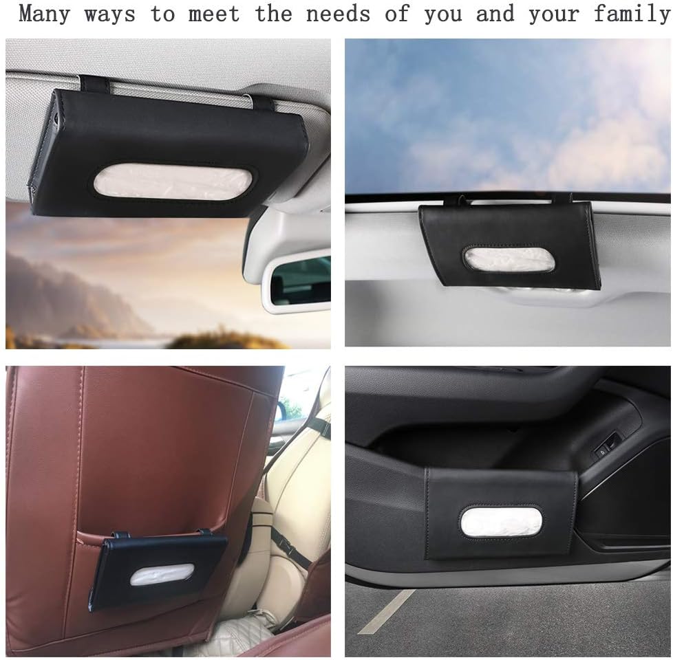 Carstous Leather Car Tissue Holder & Visor Organizer – Cartbox02B, Black, Fits Headrest, Seat & Door Pocket