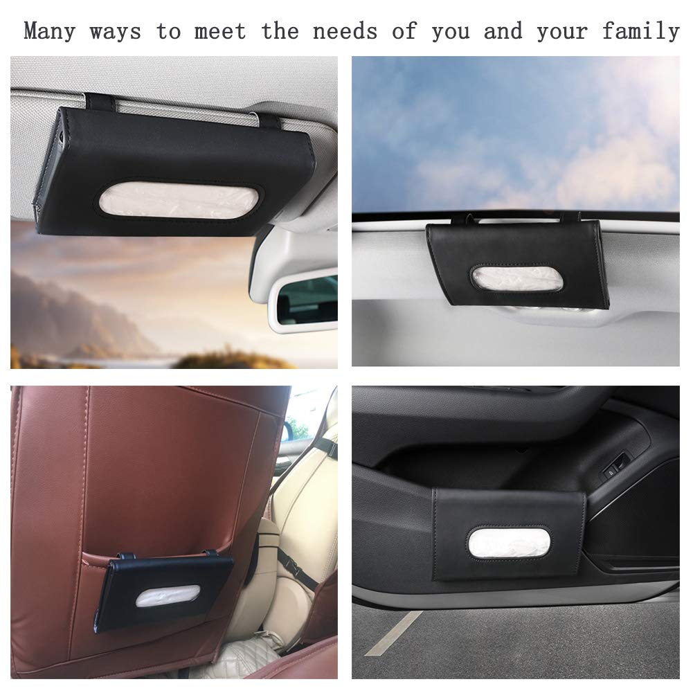 Carstous Leather Car Tissue Holder & Visor Organizer – Cartbox02B, Black, Fits Headrest, Seat & Door Pocket