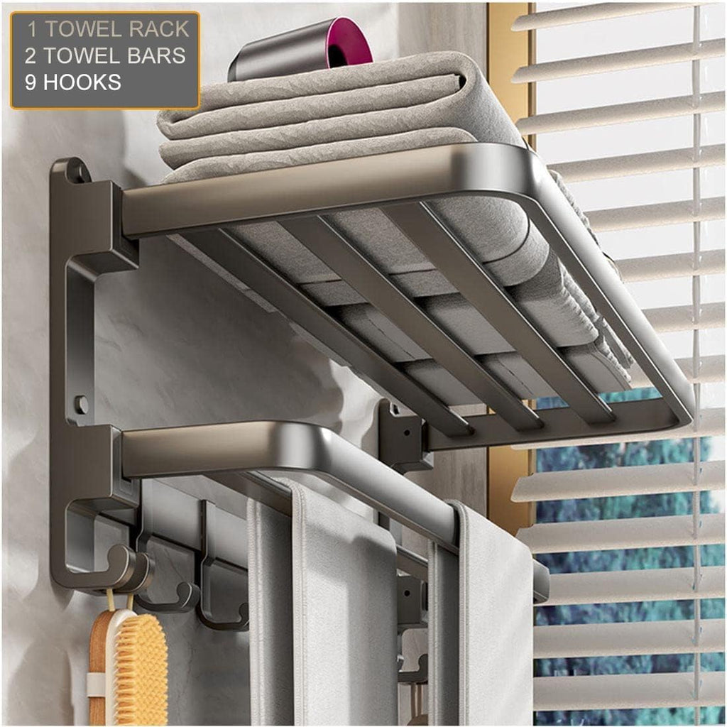 SLEEPHEAD® Gray Wall-Mounted Towel Holder No Drilling or Screws, 24 Inch, Double Towel Bar with Hotel-Style Towel Shelf