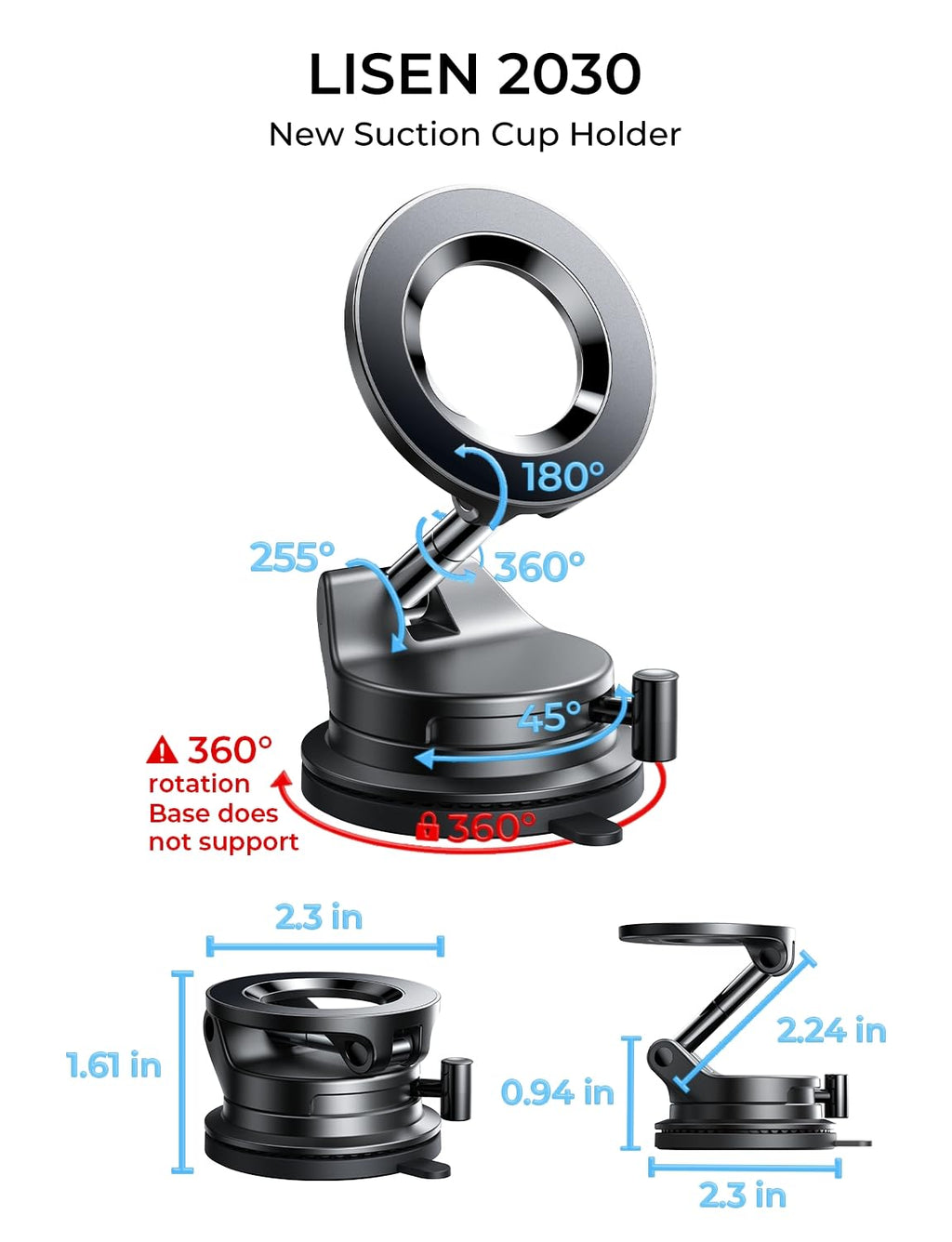 Lisen MagSafe Magnetic Car Phone Holder 2026 – Strong Suction Cup, 360° Metal Arm, Gift for Men, Compatible with iPhone 17/16/15/14/13 Pro Max & Android