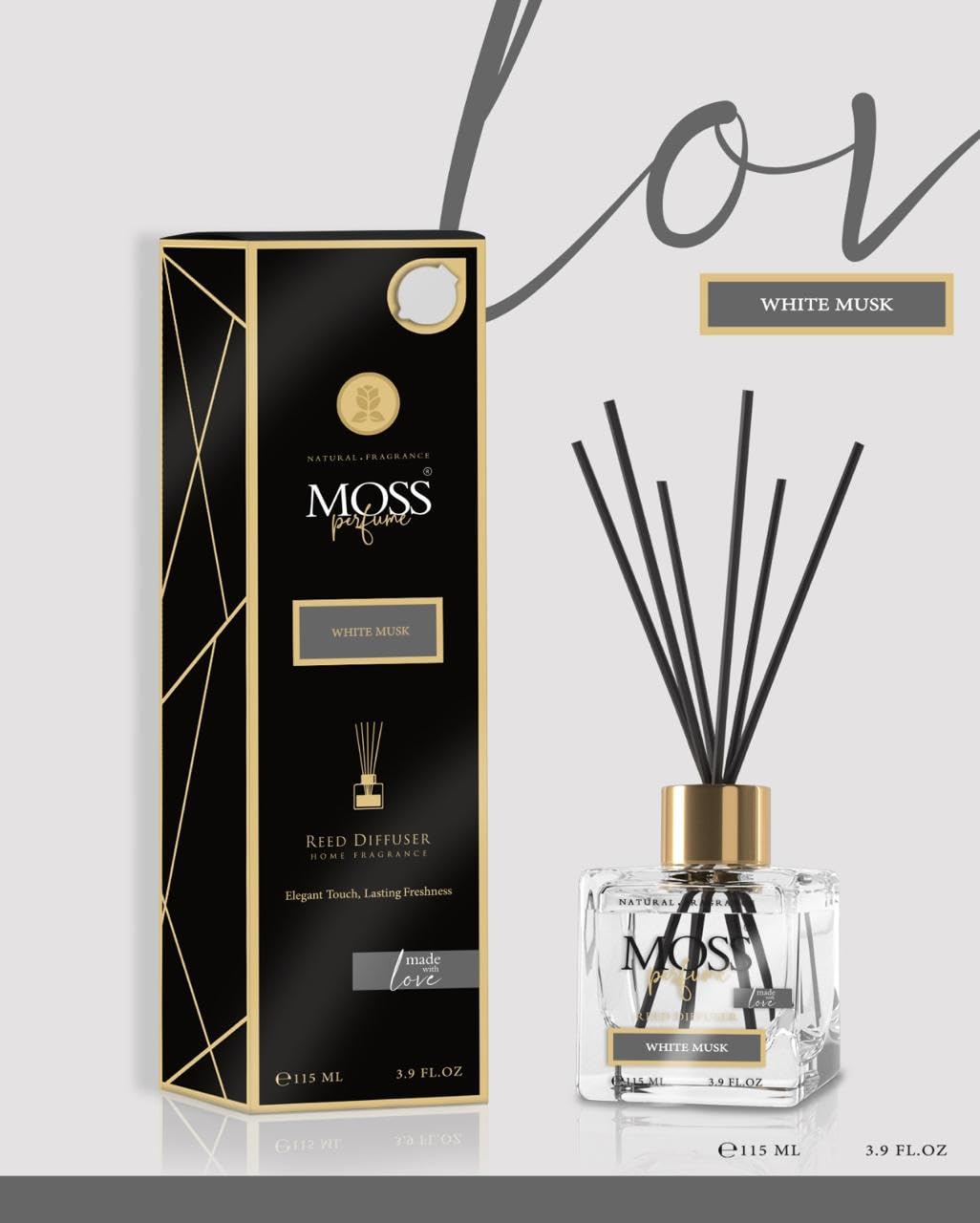 MOSS Luxury Reed Diffuser | 115ml (3.3 oz) | Long-Lasting Fragrance | Reed Diffuser Set | For Home, Office & Bathroom (White Musk)