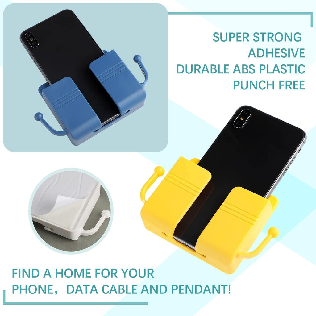 Wall Mount Phone Holder with Hooks, 6 Pcs Self-Adhesive Wall Organizer Storage Box, Wall-Mounted Phone Charging Stand Remote Control Brackets Holder for Bedroom Bathroom Office and More