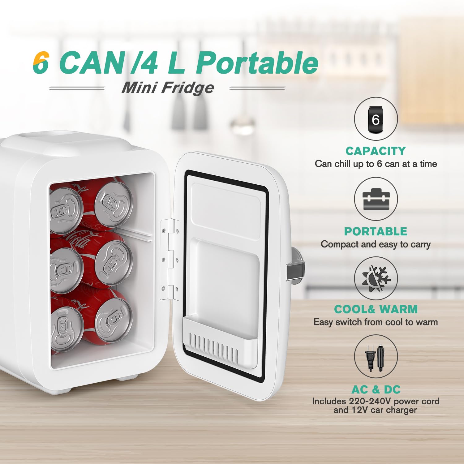 Crownful 4L Mini Fridge - 6-Can Portable Cooler & Warmer | Personal Skincare, Cosmetics & Food Refrigerator for Bedroom, Office, Car & Dorm | ETL Listed (White)