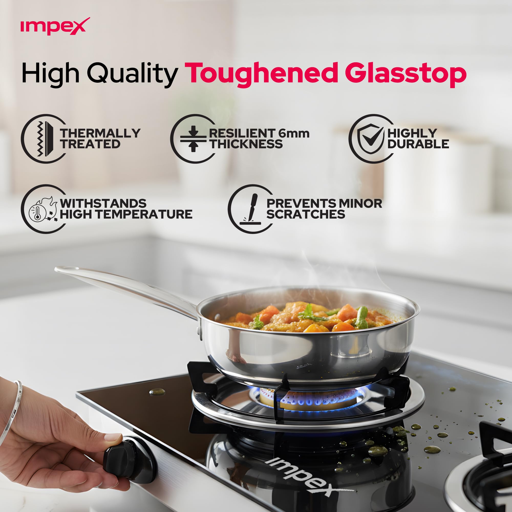 Ambix Double Burner Gas Stove with Tempered Glass Surface, Auto Ignition, Enamel Pan Support & L-Shaped Inlet Tube – IGS 1214F