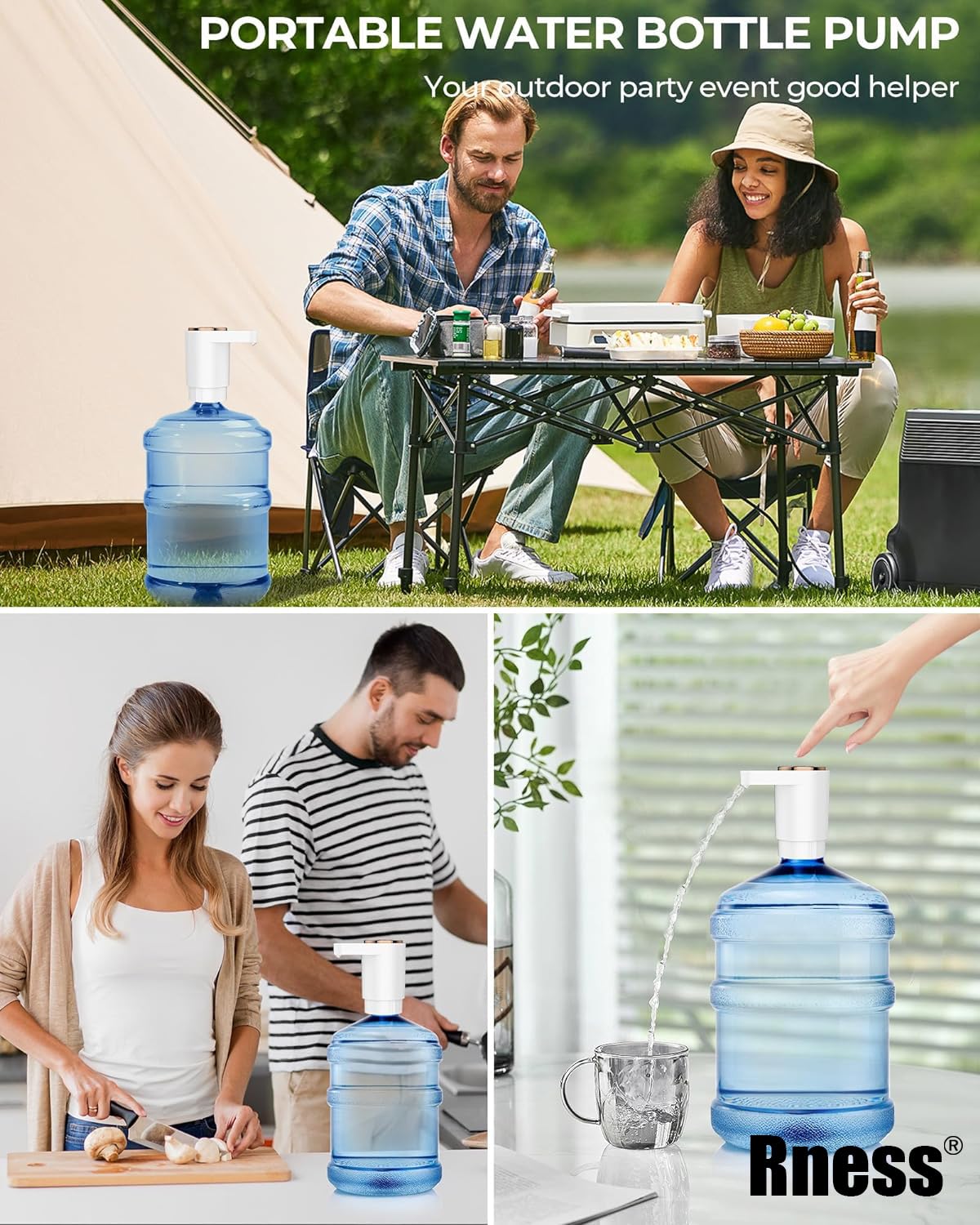 Rness Water Dispenser Pump Electric,Double Pumps High Horsepower,Double Water Outlets,Type-c Interface Charging Portable Electric Water Pump Jugs,USB C Charging,for Office,Home,Kitchen White (Black)