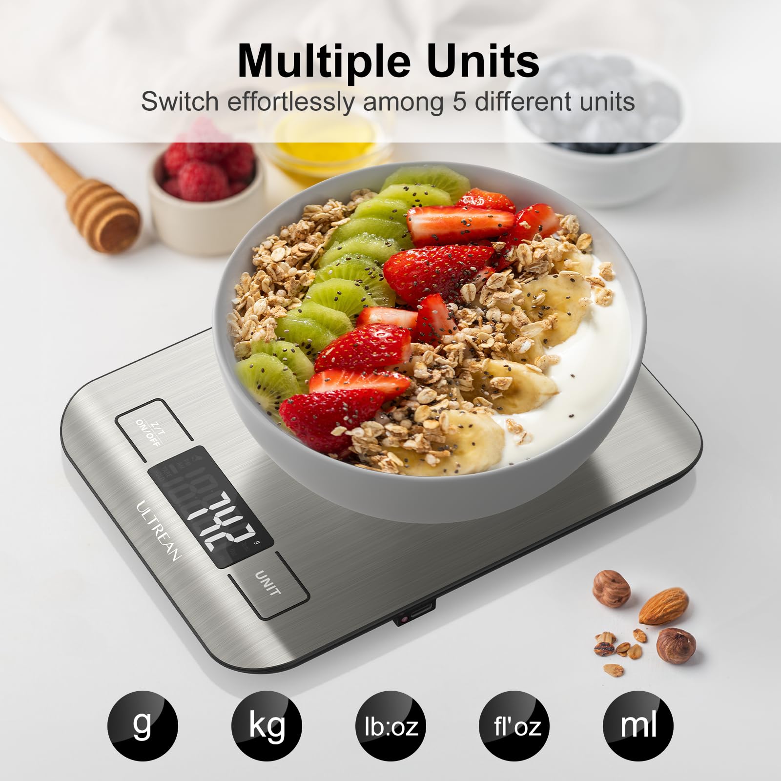 Ultrean Food Scale, Digital Kitchen Scale with LCD Display, Weight Grams and Ounces for Baking Cooking and Meal Prep, 6 Units with Tare Function, 304 Stainless Steel, 11lb (Batteries Included)