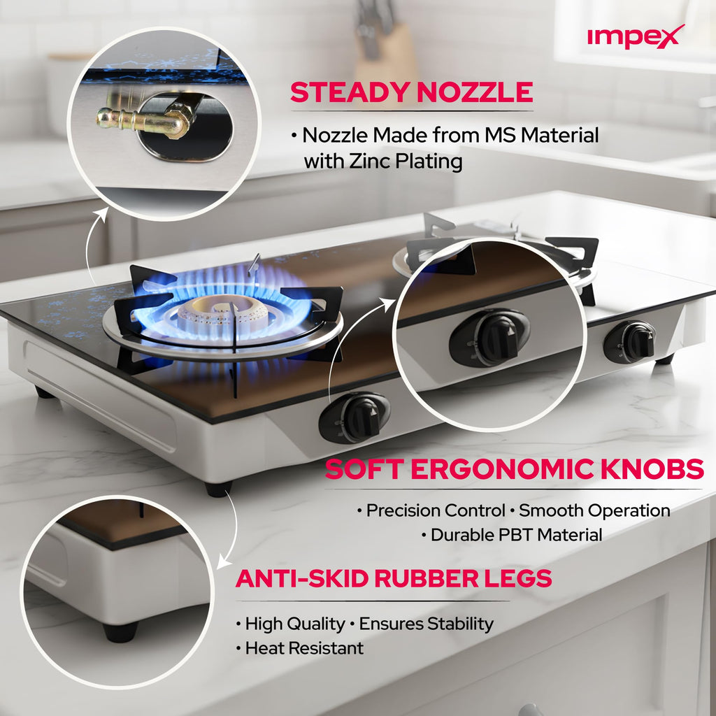 Ambix Double Burner Gas Stove with Tempered Glass Surface, Auto Ignition, Enamel Pan Support & L-Shaped Inlet Tube – IGS 1214F