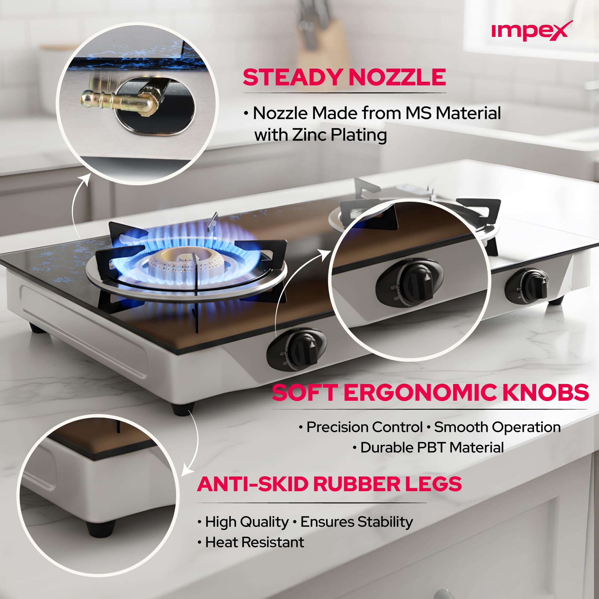 Ambix Double Burner Gas Stove with Tempered Glass Surface, Auto Ignition, Enamel Pan Support & L-Shaped Inlet Tube – IGS 1214F