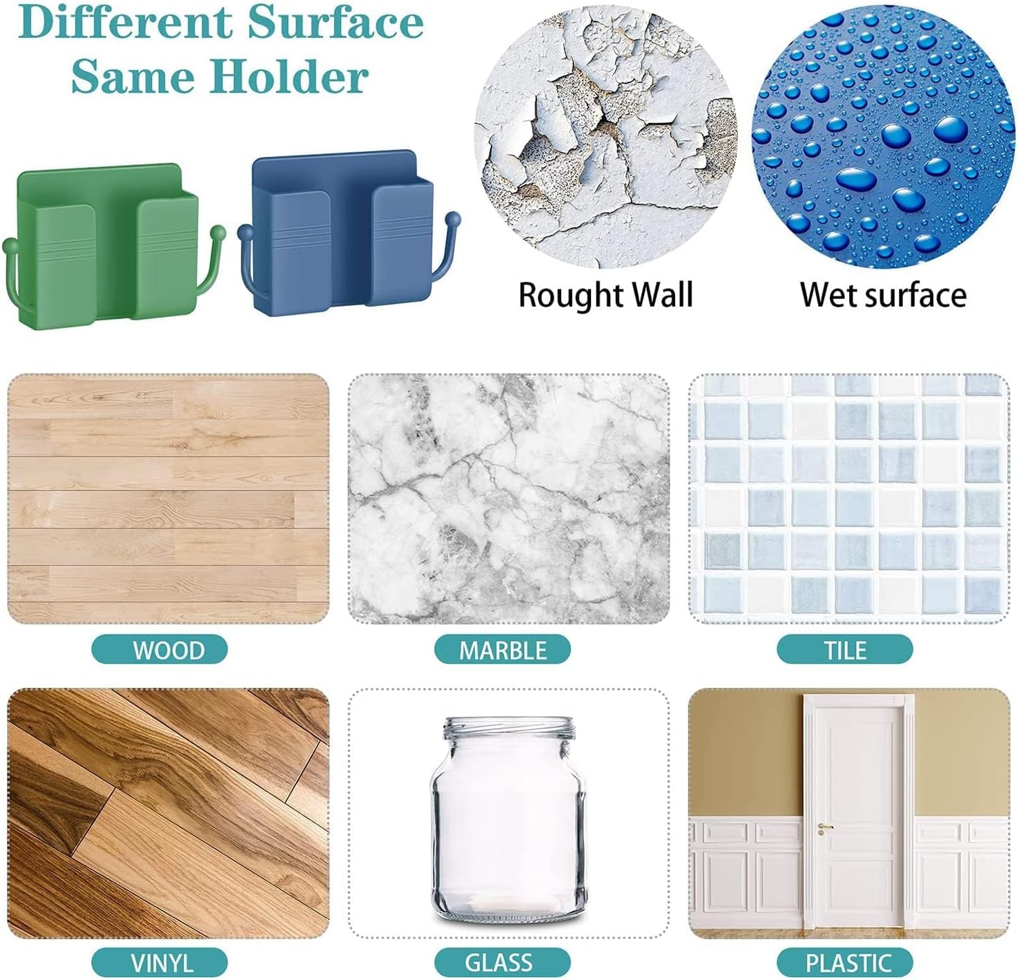 Wall Mount Phone Holder with Hooks, 6 Pcs Self-Adhesive Wall Organizer Storage Box, Wall-Mounted Phone Charging Stand Remote Control Brackets Holder for Bedroom Bathroom Office and More