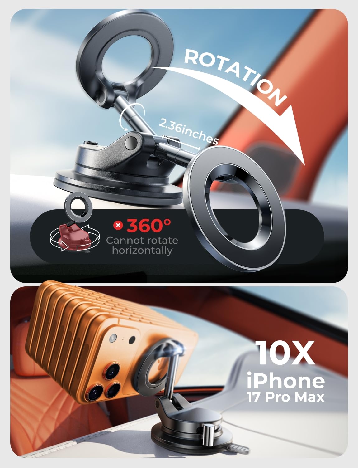 Lisen MagSafe Magnetic Car Phone Holder 2026 – Strong Suction Cup, 360° Metal Arm, Gift for Men, Compatible with iPhone 17/16/15/14/13 Pro Max & Android