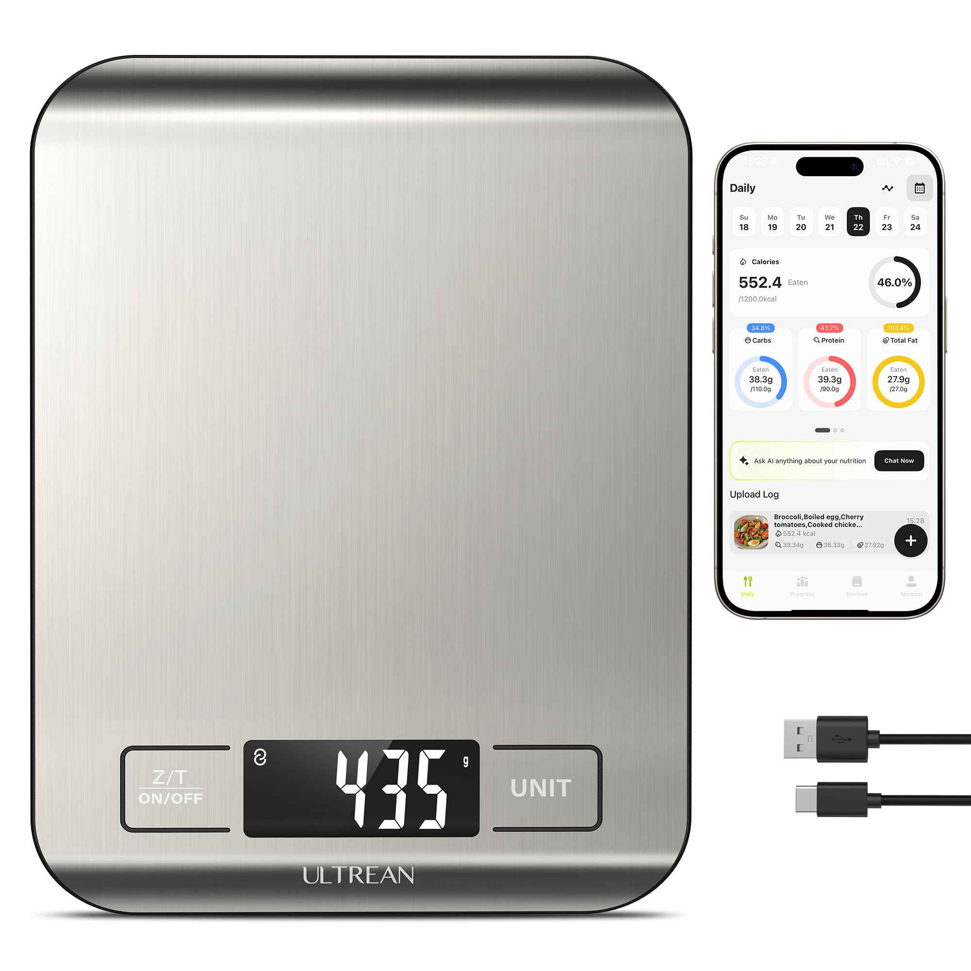 Ultrean Food Scale, Digital Kitchen Scale with LCD Display, Weight Grams and Ounces for Baking Cooking and Meal Prep, 6 Units with Tare Function, 304 Stainless Steel, 11lb (Batteries Included)