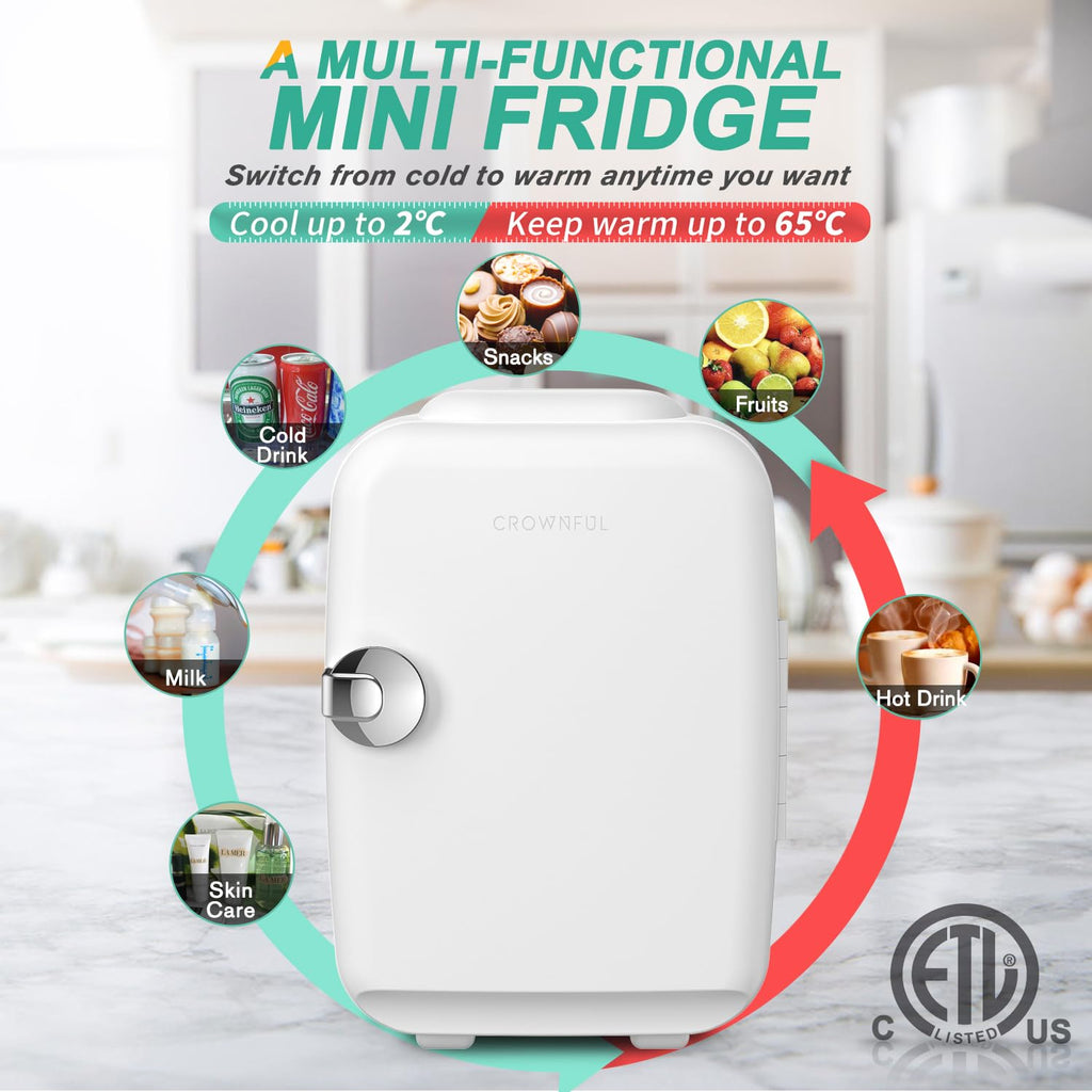 Crownful 4L Mini Fridge - 6-Can Portable Cooler & Warmer | Personal Skincare, Cosmetics & Food Refrigerator for Bedroom, Office, Car & Dorm | ETL Listed (White)