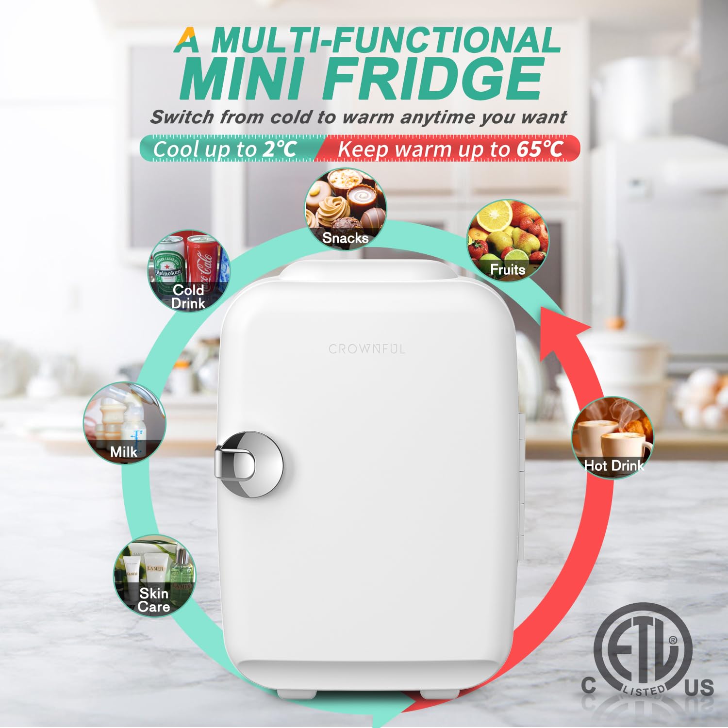 Crownful 4L Mini Fridge - 6-Can Portable Cooler & Warmer | Personal Skincare, Cosmetics & Food Refrigerator for Bedroom, Office, Car & Dorm | ETL Listed (White)
