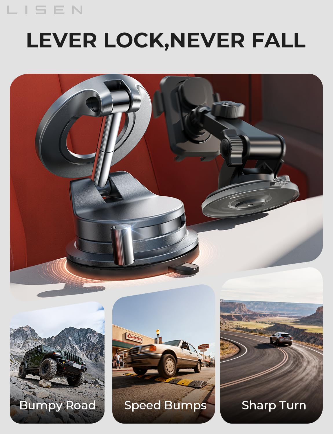 Lisen MagSafe Magnetic Car Phone Holder 2026 – Strong Suction Cup, 360° Metal Arm, Gift for Men, Compatible with iPhone 17/16/15/14/13 Pro Max & Android
