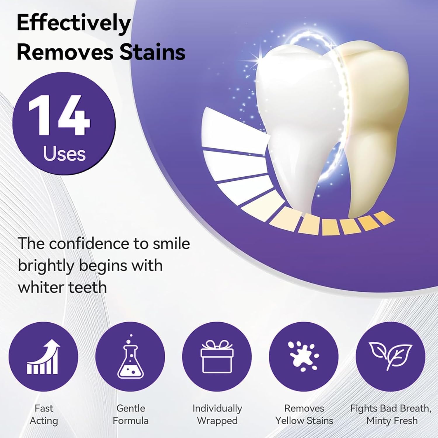 Purple Teeth Whitening Strips for Sensitive Teeth, Enamel-Safe Color Correcting Tooth Whitener, Effectively Removes Stubborn Stains, Fast Acting & Non-Slip Grip, 14 Strips