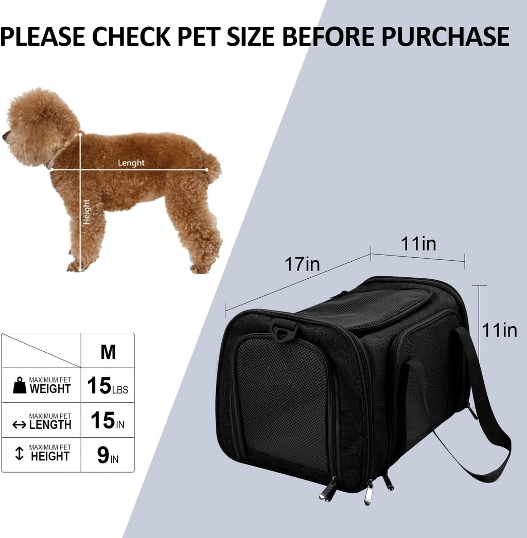 Henkelion Pet Carrier for Cats and Dogs – TSA Approved, Foldable, Soft-Sided, Up to 15 lbs – Black