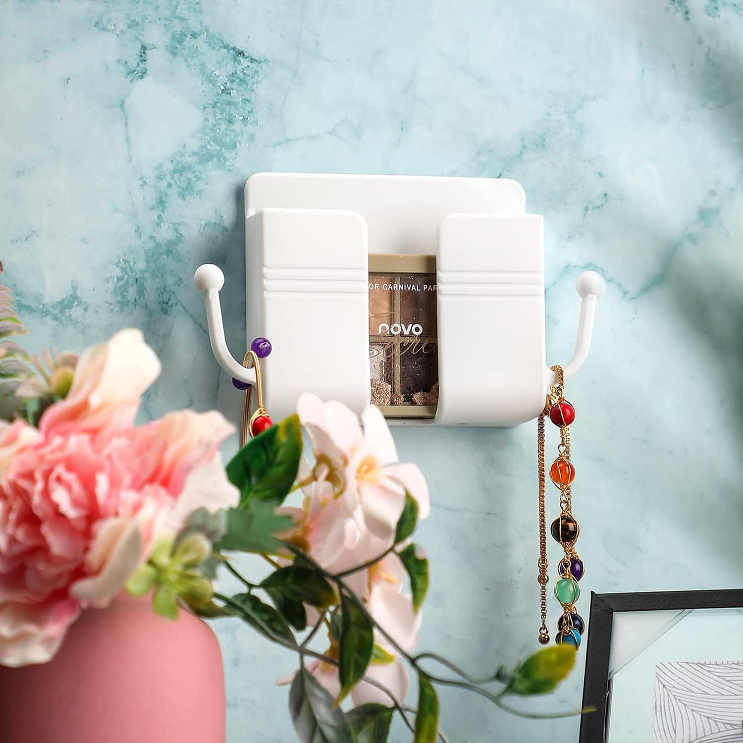 Wall Mount Phone Holder with Hooks, 6 Pcs Self-Adhesive Wall Organizer Storage Box, Wall-Mounted Phone Charging Stand Remote Control Brackets Holder for Bedroom Bathroom Office and More