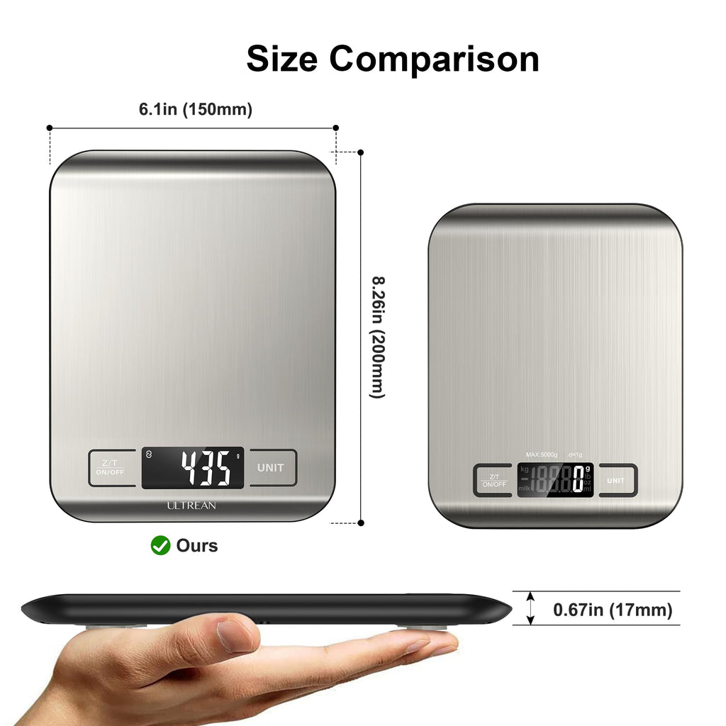 Ultrean Food Scale, Digital Kitchen Scale with LCD Display, Weight Grams and Ounces for Baking Cooking and Meal Prep, 6 Units with Tare Function, 304 Stainless Steel, 11lb (Batteries Included)