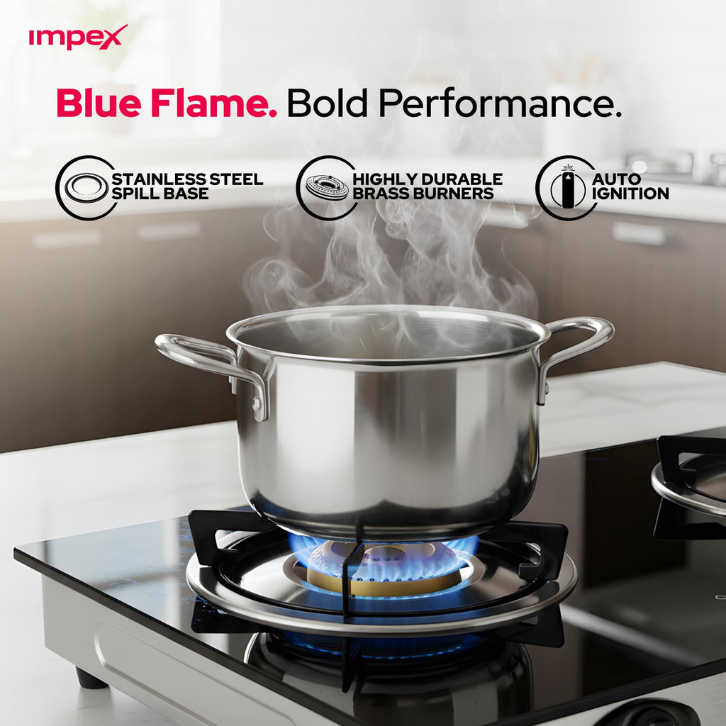 Ambix Double Burner Gas Stove with Tempered Glass Surface, Auto Ignition, Enamel Pan Support & L-Shaped Inlet Tube – IGS 1214F