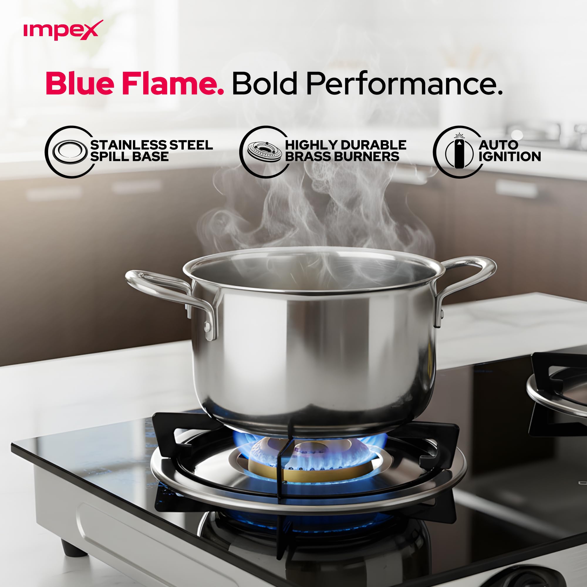Ambix Double Burner Gas Stove with Tempered Glass Surface, Auto Ignition, Enamel Pan Support & L-Shaped Inlet Tube – IGS 1214F