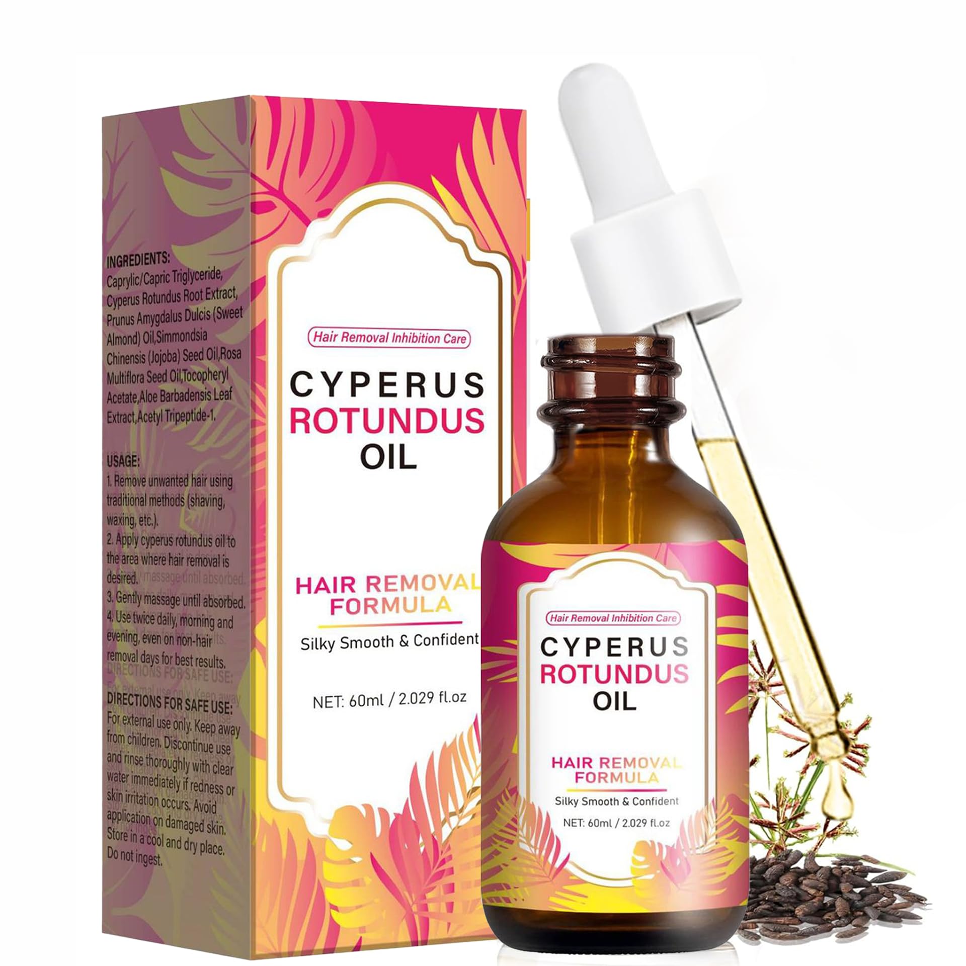 Cyperus Rotundus Oil, 60ml Natural Hair Removal and Soothing Moisturizer，Reduces Body Hair Growth，Hair Removal Oil Ideal for All Skin Types
