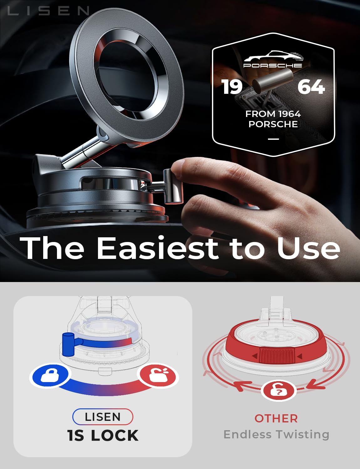 Lisen MagSafe Magnetic Car Phone Holder 2026 – Strong Suction Cup, 360° Metal Arm, Gift for Men, Compatible with iPhone 17/16/15/14/13 Pro Max & Android