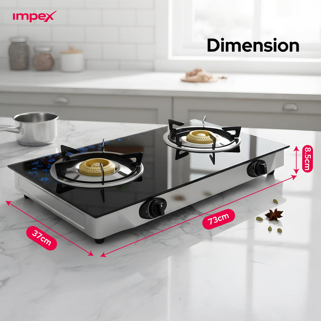 Ambix Double Burner Gas Stove with Tempered Glass Surface, Auto Ignition, Enamel Pan Support & L-Shaped Inlet Tube – IGS 1214F