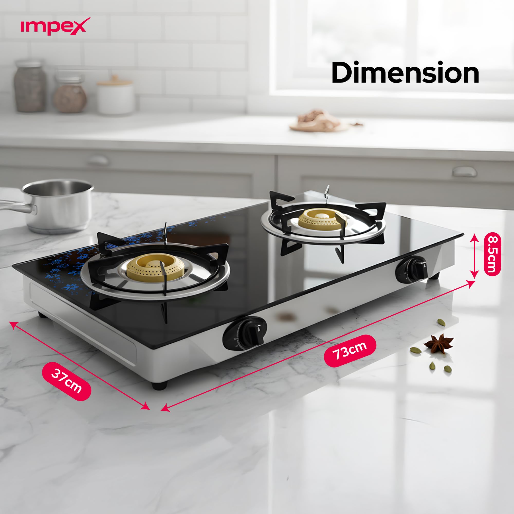 Ambix Double Burner Gas Stove with Tempered Glass Surface, Auto Ignition, Enamel Pan Support & L-Shaped Inlet Tube – IGS 1214F