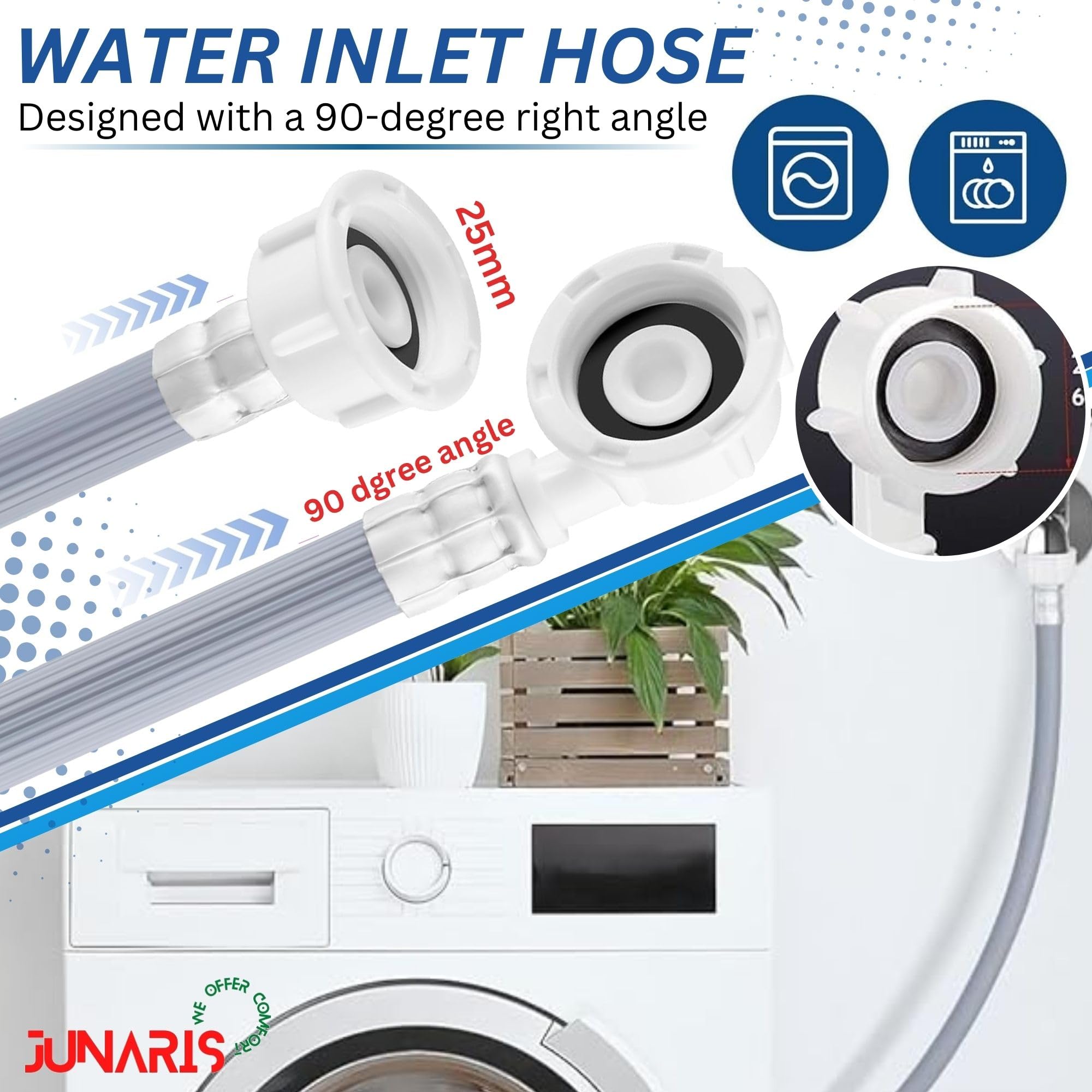 JUNARIS Universal Washing Machine & Dishwasher Inlet Hose - Cold & Hot Water Fill Pipe with 90° Flexible Elbow, Explosion-Proof Inlet Pipe (3 Meters)
