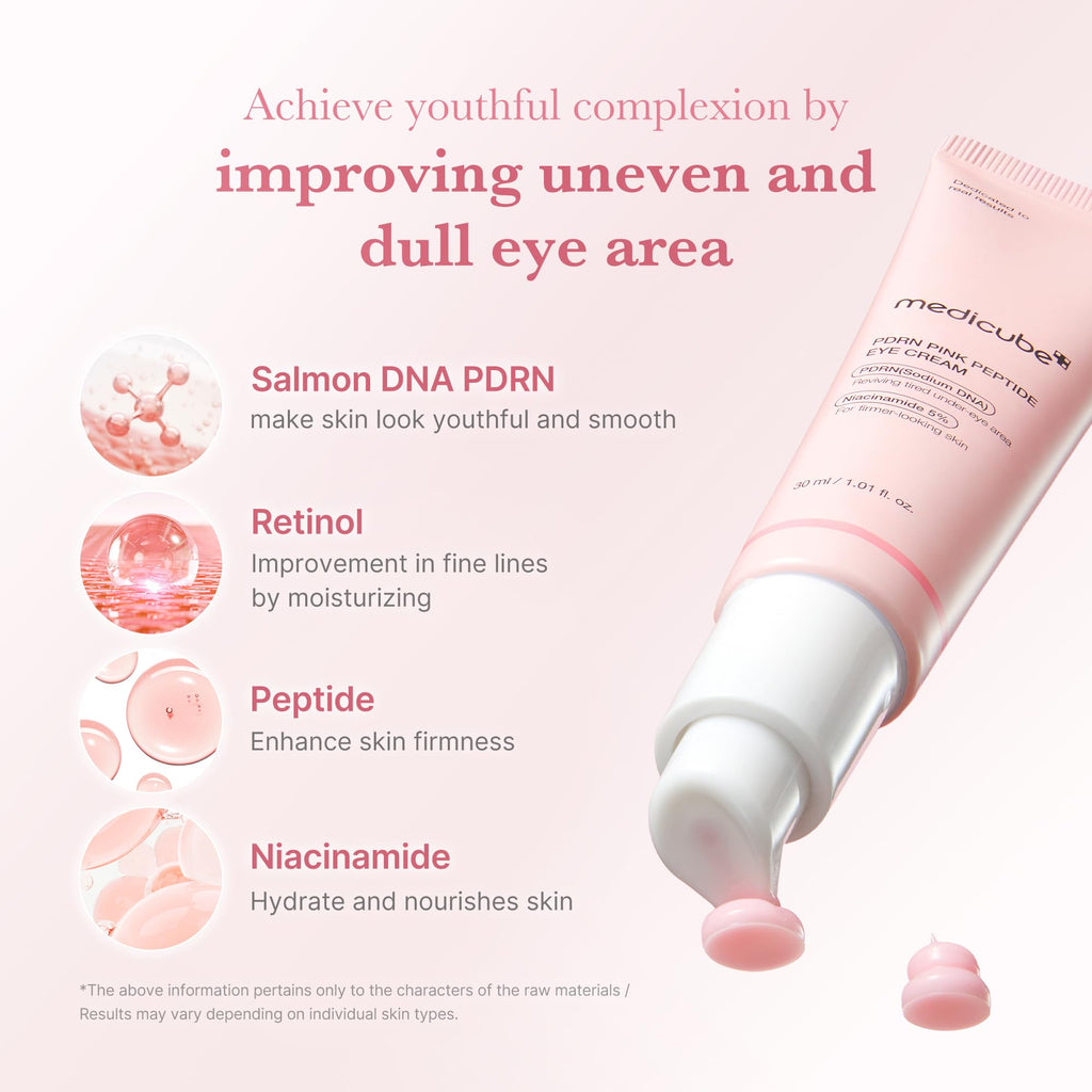 Medicube Pink Peptide Eye Serum – Salmon DNA PDRN, Niacinamide & 99% Pure Retinol for Fine Lines, Dark Circles, Korean Skincare 1.01 fl oz