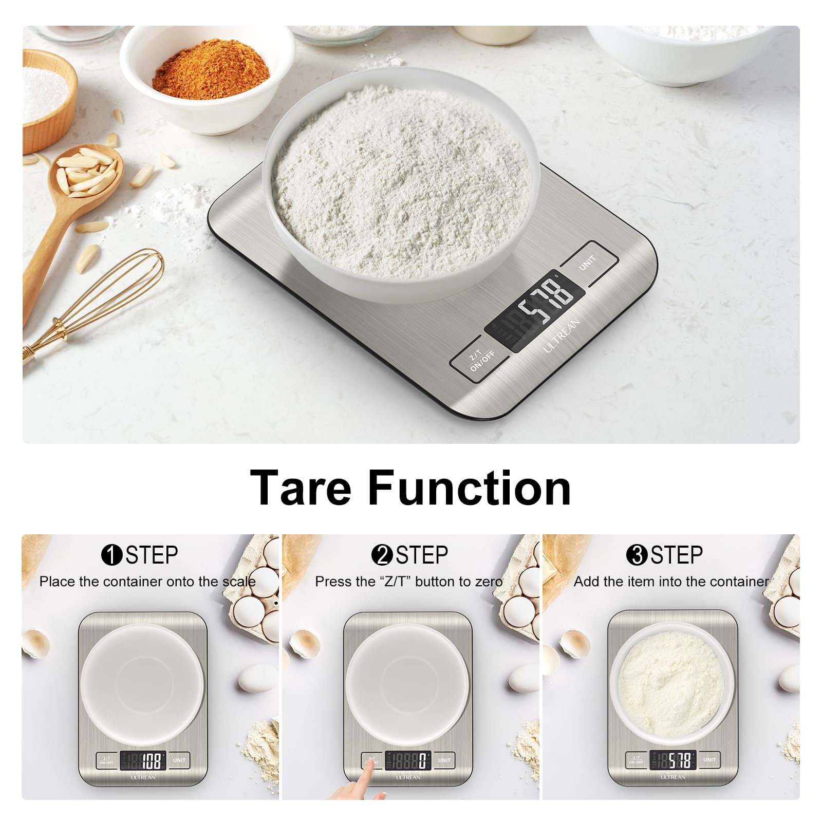 Ultrean Food Scale, Digital Kitchen Scale with LCD Display, Weight Grams and Ounces for Baking Cooking and Meal Prep, 6 Units with Tare Function, 304 Stainless Steel, 11lb (Batteries Included)
