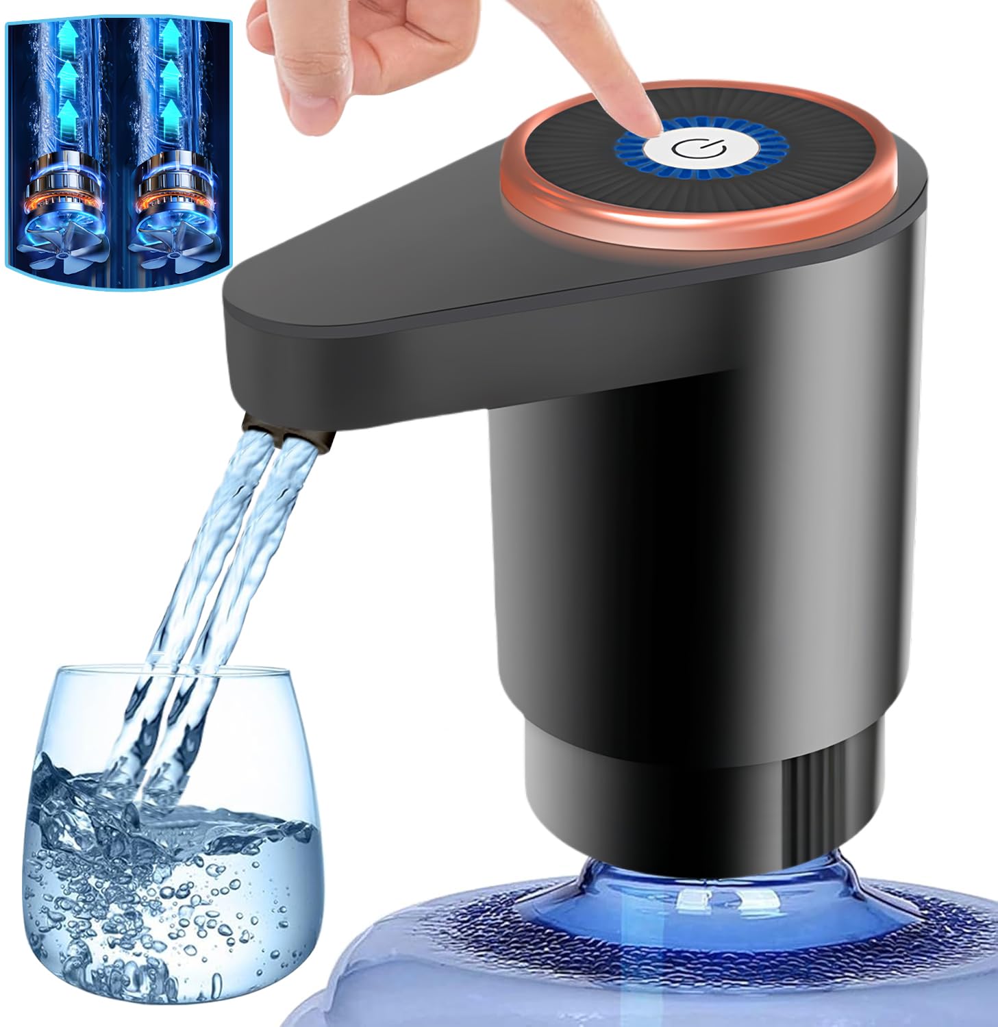 Rness Water Dispenser Pump Electric,Double Pumps High Horsepower,Double Water Outlets,Type-c Interface Charging Portable Electric Water Pump Jugs,USB C Charging,for Office,Home,Kitchen White (Black)