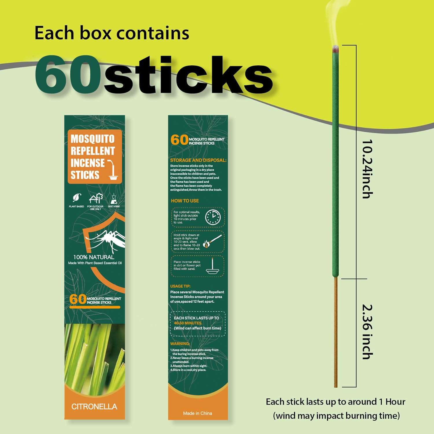 Banana Home 60-Piece Citronella Mosquito Repellent Incense Sticks with Holder – Natural Plant-Based Formula, Outdoor Use